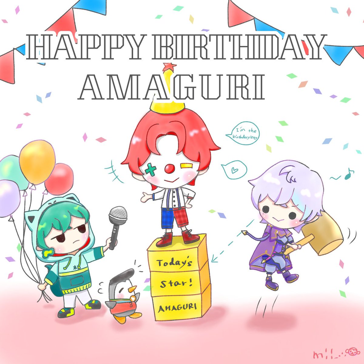 ｡.｡:+* ﾟ ゜ﾟ *+:｡.｡:+* ﾟ ゜ﾟ *+🎲

      🎉HAPPY BIRTHDAY🎉

　　　　　　🤡
　　🍚🐧　　　　💧🌙

不運で不憫でも頼もしいリーダー✨
おめでとうございます🎈

#雨栗お誕生日2026
#雨栗いらすと