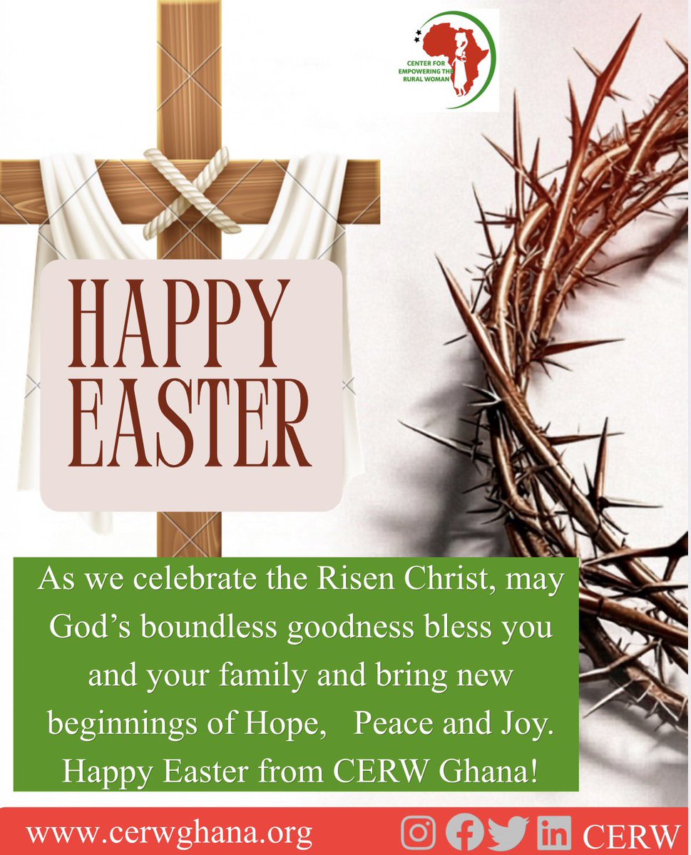 Cerwgh's tweet photo. As we celebrate the Risen Christ, may God’s boundless goodness bless you and your family and bring new beginnings of Hope,   Peace and Joy. Happy Easter from CERW Ghana! @UN_Careers @UNDP4Youth @UN https://t.co/yuNQkomXcV