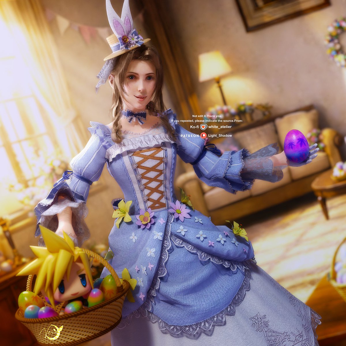 White__Atelier's tweet photo. I really like this Aerith costume in EC—it looks beautiful. ✨
Paired with chibi Cloud and a basket full of Easter eggs. 🥚
For Easter, Aerith isn’t selling flowers—she’s selling Easter eggs instead. 😊🐣

First picture:
https://t.co/2b1G3y4CeD

#Clerith #HappyEasterWeekend #FF7 https://t.co/Zy81bd4B8o