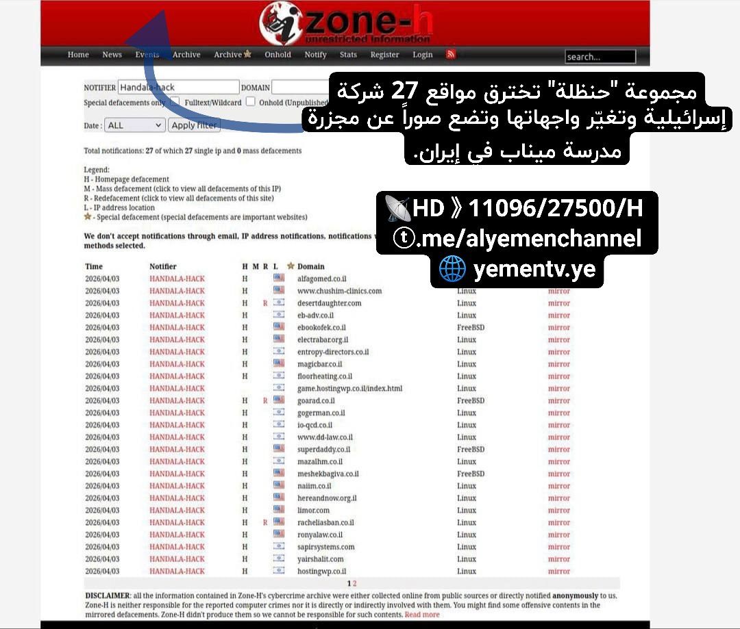 🚨 The "Hanzala" group hacked the websites of 27 Israeli companies, changed their interfaces, and posted pictures of the Minab school massacre in Iran.