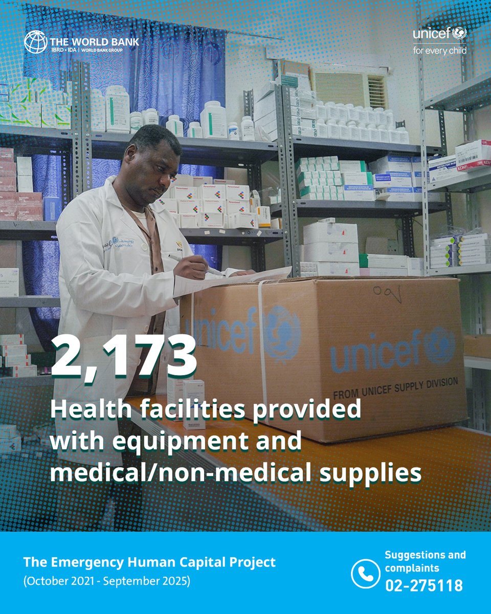 UNICEF_Yemen's tweet image. Since the beginning of the #Emergency_Human_Capital_Project (#EHCP) in October 2021 until September 2025, #UNICEF provided more than 2,170 health facilities in #Yemen with equipment and medical/non-medical supplies. This project is funded by @WorldBankMENA.