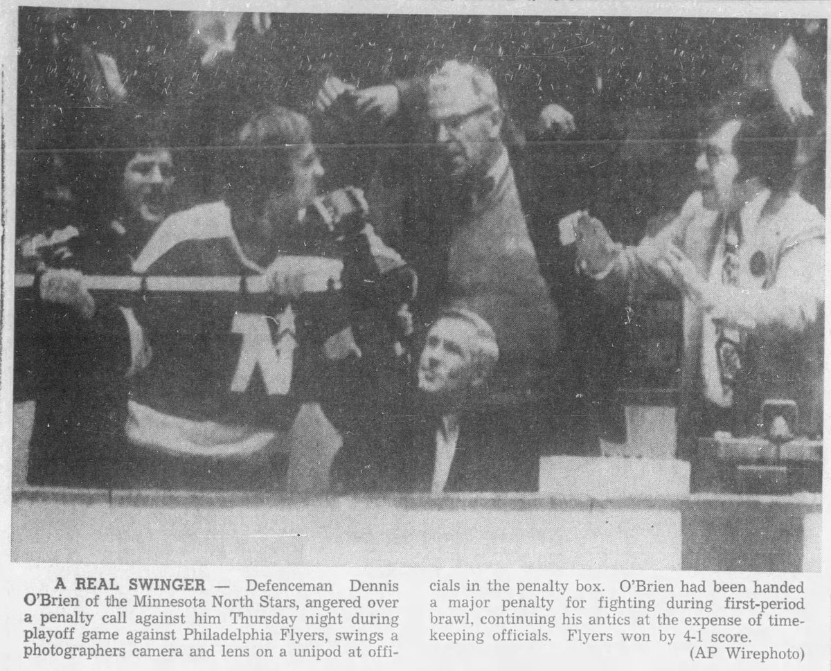 WHENESOTA's tweet image. #OTD in #Minnesota Sports History (1973) The North Star’s Dennis O’Brien swings a camera monopod at officials in the penalty box during a quarterfinal playoff loss to the Flyers. #MnWild
newspapers.com/article/the-sa…