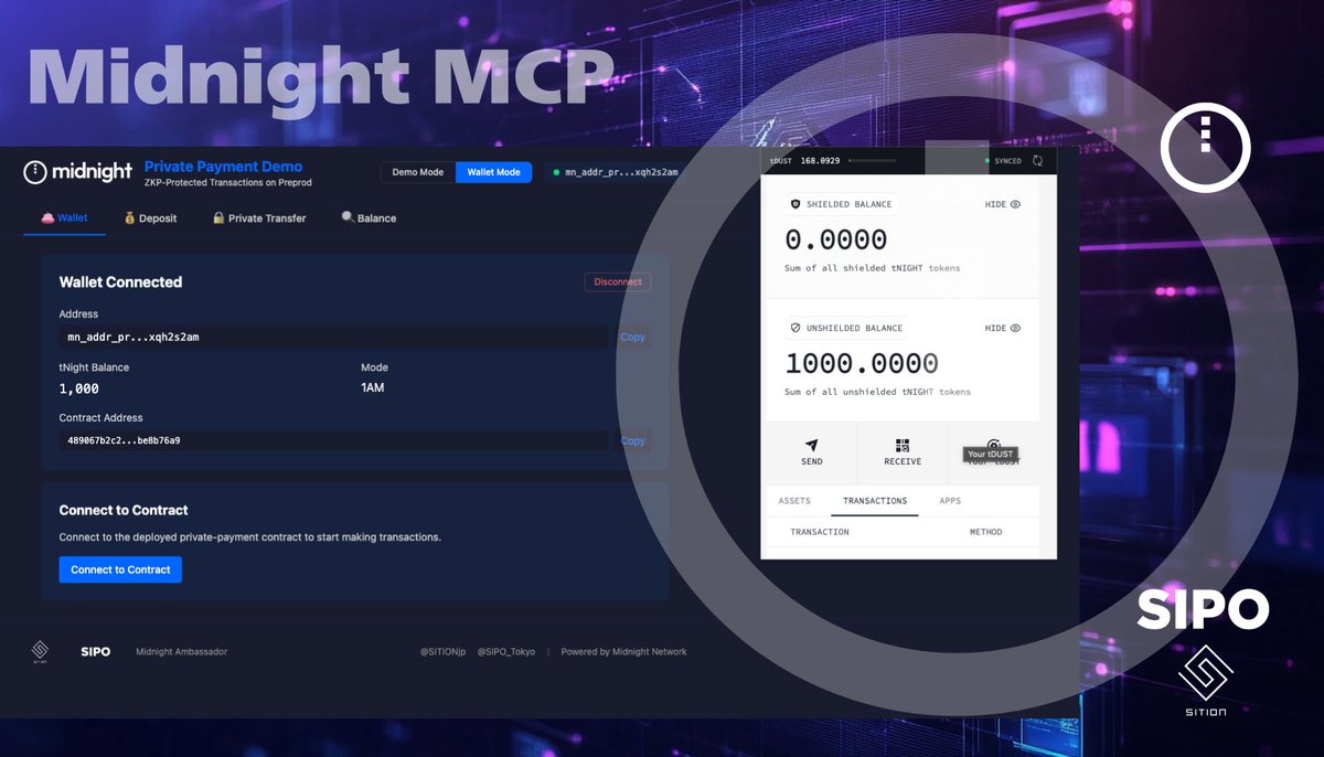 Midnightのプライバシー決済、ブラウザで体験できるデモを公開しました。

1AMウォレットを接続するだけで、ゼロ知識証明によるDeposit・秘匿送金・残高確認を試せます。開発環境のセットアップは不要です。

PreProdテストネットで動作するため、実際の資金は必要ありません。

デモサイト: