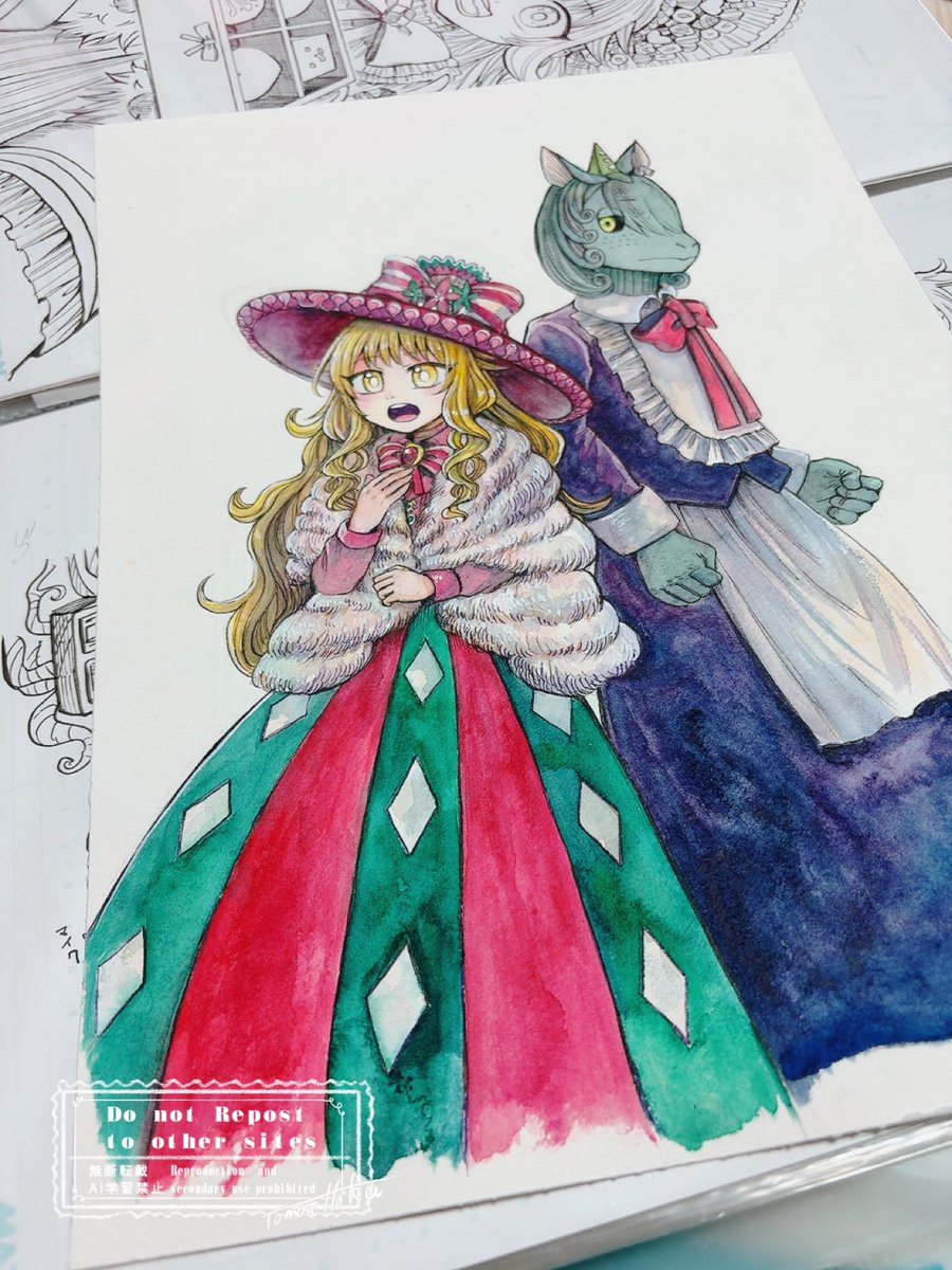 「連載2周年記念に 1巻から4巻の水彩原画を.. こんな感じで描いております! ア」|灯晴ほく@コミティアて62aのイラスト