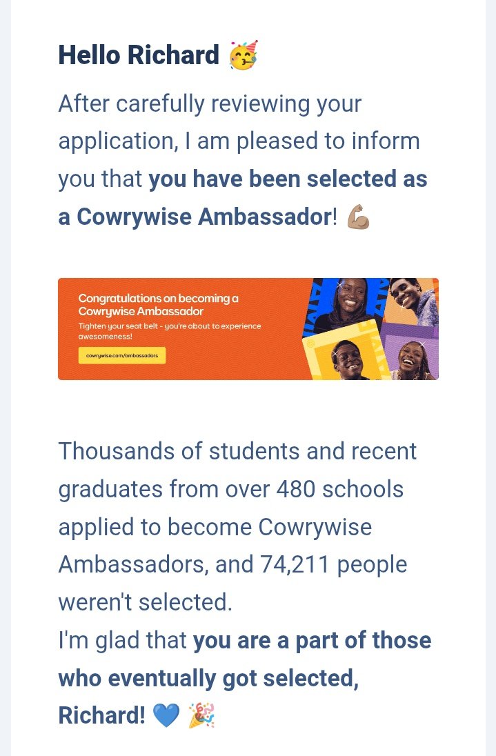 Thank you <a href="/cowrywise/">Cowrywise</a> .

Now an ambassador 🎉