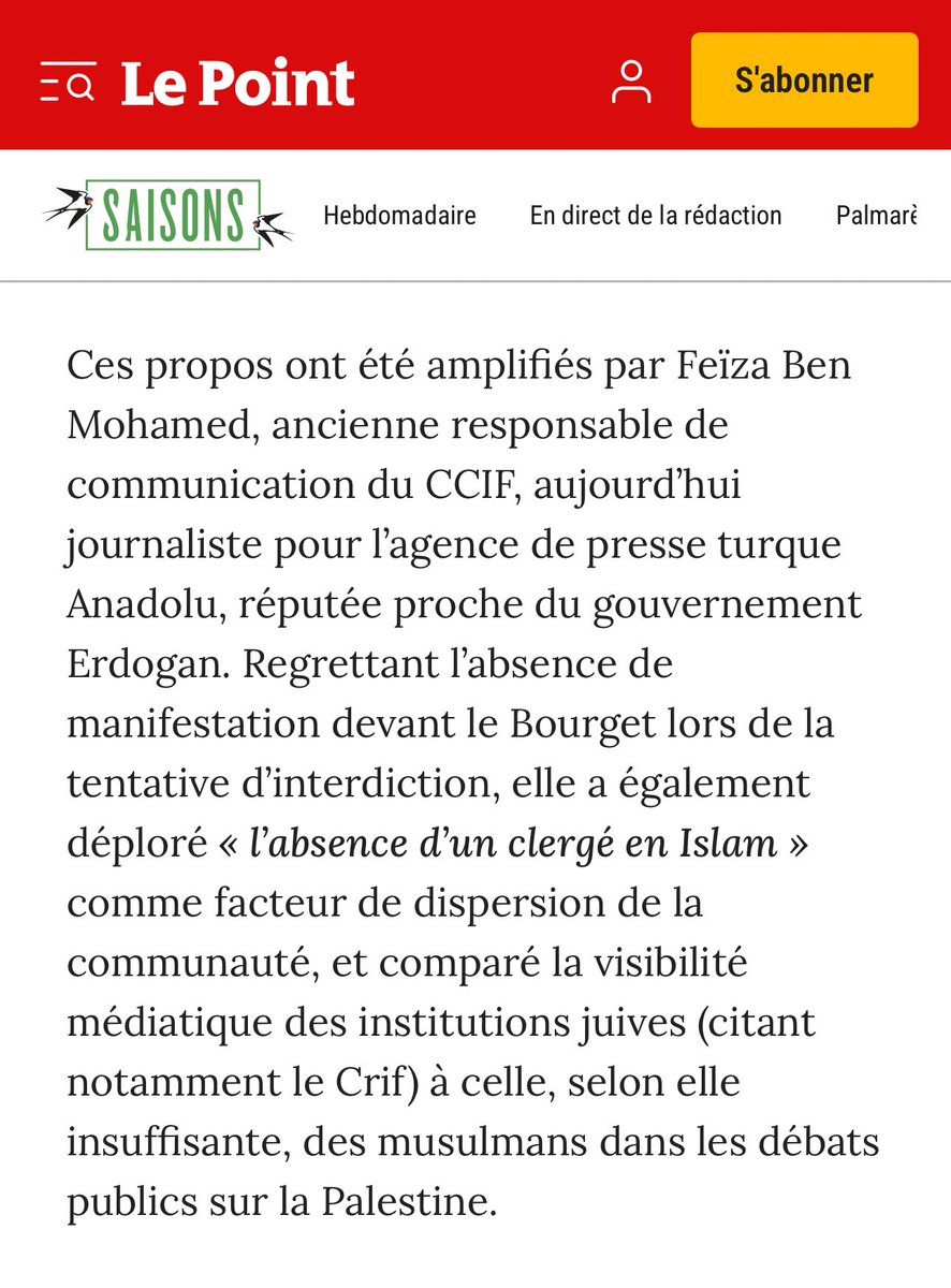 Bonjour <a href="/NoraBussigny/">Bussigny Nora</a> je n’ai jamais tenu ce propos que vous m’attribuez concernant l’interdiction du salon, et n’ai par ailleurs jamais été responsable de la communication du CCIF.  Vous êtes journaliste ou romancière pour <a href="/LePoint/">Le Point</a> ?