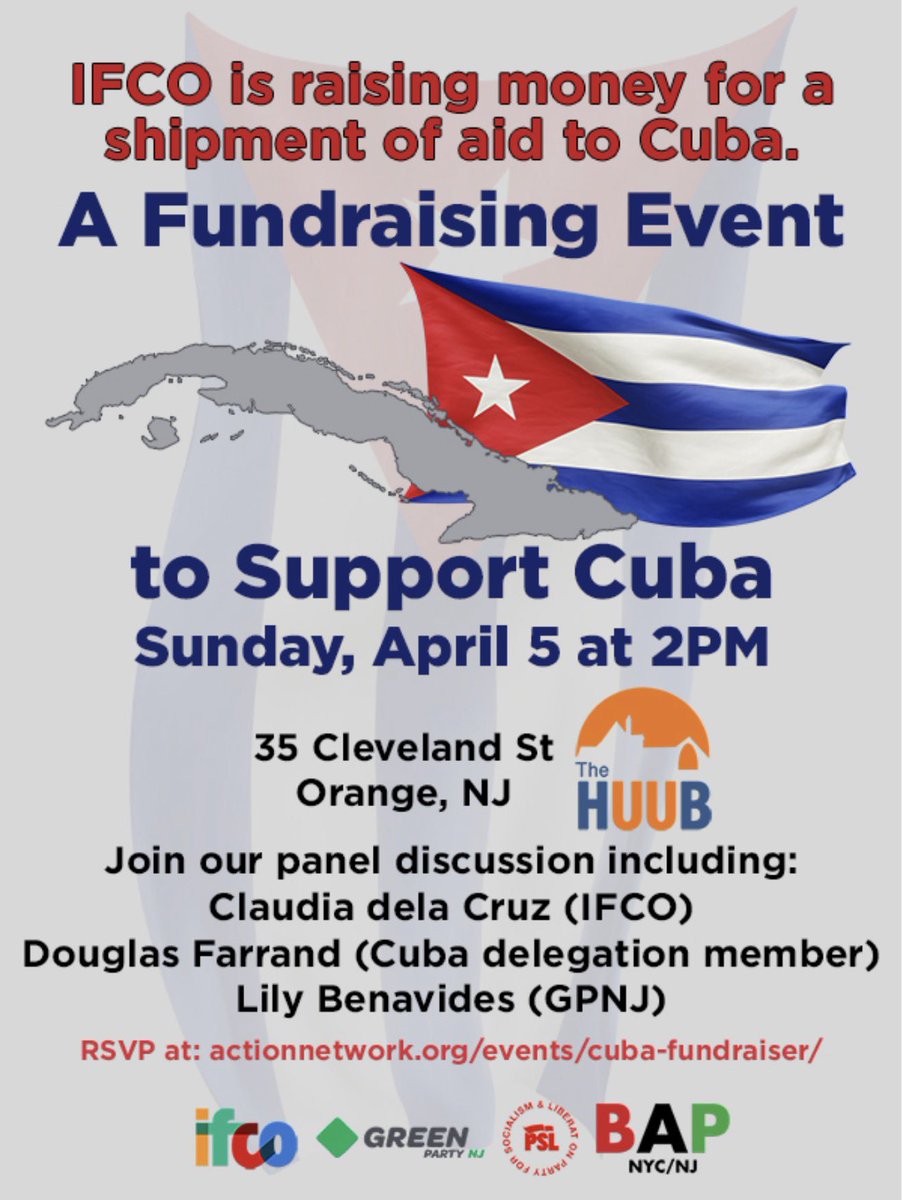 📣 “We all owe Cuba - Fundraising Event” 🇨🇺 

GPNJ is supporting a fundraiser for Cuba at the HUUB in Orange, NJ on Sunday April 5 at 2PM! We invite you to a panel discussion between organizers including Claudia De la Cruz (Executive Director of IFCO) and Doug Farrand, who both