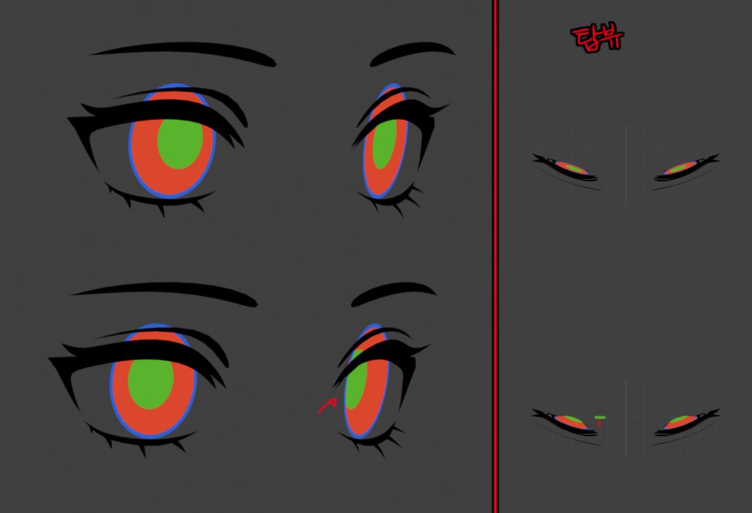 동공이 시커매서 잘 안보이길래 부연설명 추가..
실제로 모델링 할 때 동공을 뒤쪽으로 밀어야 특유의 공간감이 잘 나타남

개인적으로 그림그릴때 홍채영역에 동공이 걸린다?는 느낌으로만 표현해줘도 효과적이라고 생각...