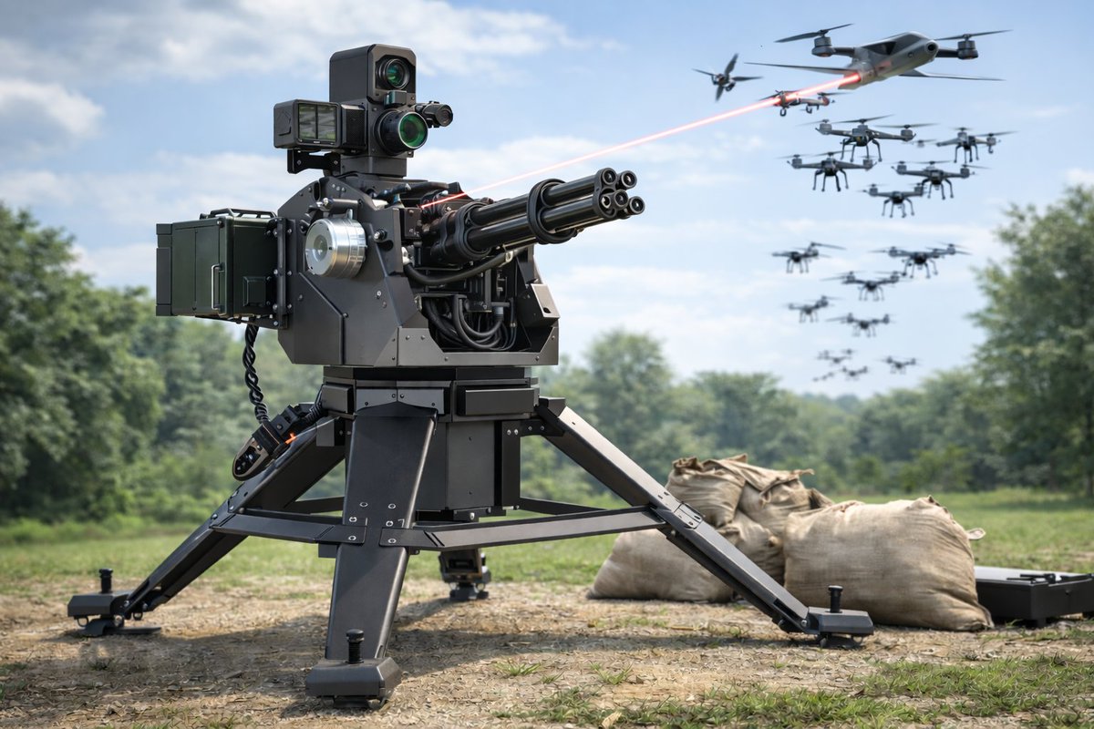 BSS_Alliance's tweet photo. #TRIYAM-3D Detect | Decide | Destroy
#AI-driven #Autonomous #UAS #HardKill #AirDefenceSystem #ADS deploying a 3-barrel #GatlingGun Cal. 7.62 x 51 mm.
#Weight: < 150 kg (without Weapon & Ammunition )
#AzimuthRotation : 360◦
#HitProbability : ≥ 90%
#EffectiveRange : 1000 m https://t.co/SOUNgp35ZO
