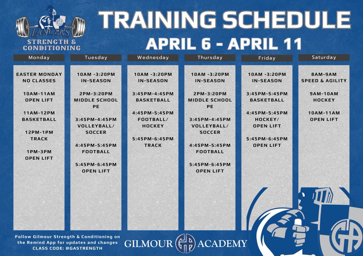 GALancerS_C's tweet photo. Weekly Training Schedule Apr. 6 - Apr. 11

#LancerStrong ⚔️ https://t.co/3A3rrgXe5X