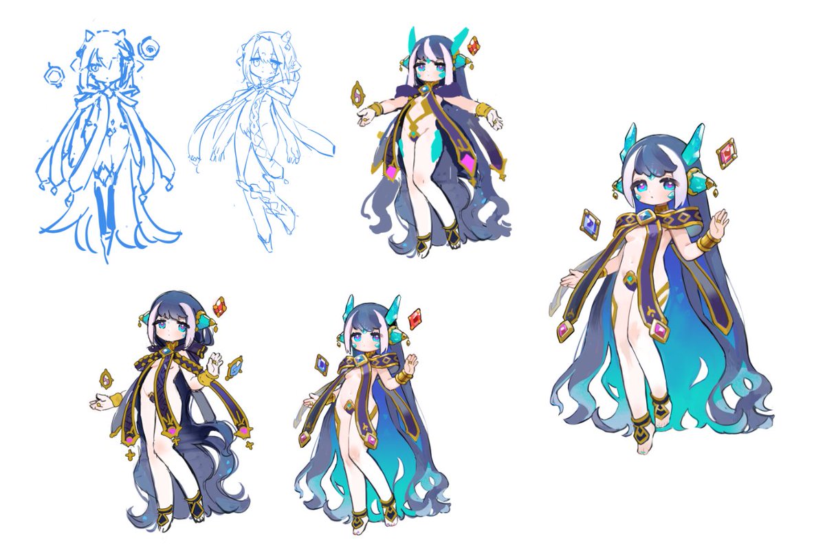 Monmusu_Girls's tweet photo. Here's a look at Liu's design journey.
She's one of our earlier characters — the concept has been with us for a while. The inspiration came from the anime Land of the Lustrous, and that core idea never really changed throughout development.
What did change was the balance of details. Every version is essentially the same character, just with different decisions about where the eye should rest — the gems, the cloak, the hair, the proportions.
It took more passes than I expected to find that balance.
Do you think the final version is the best one? I'm genuinely curious. 👀
#gamedev #characterdesign #conceptart #indiegame #sfw