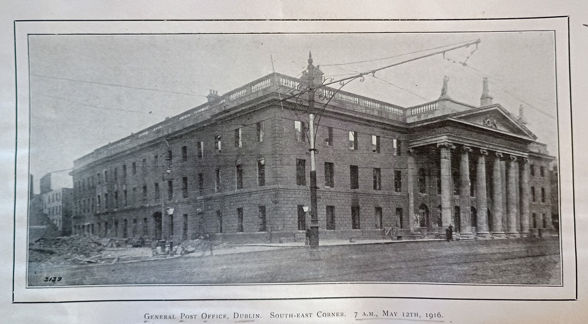 CoolimBooks's tweet photo. An article in the July 1916 edition of the Post Office Electrical Engineers’ Journal gave an interesting account of the impact the Easter Rising had on the GPO’s engineering staff and on the building itself. See https://t.co/tPbQ6yoobR https://t.co/wnoL07zUZt