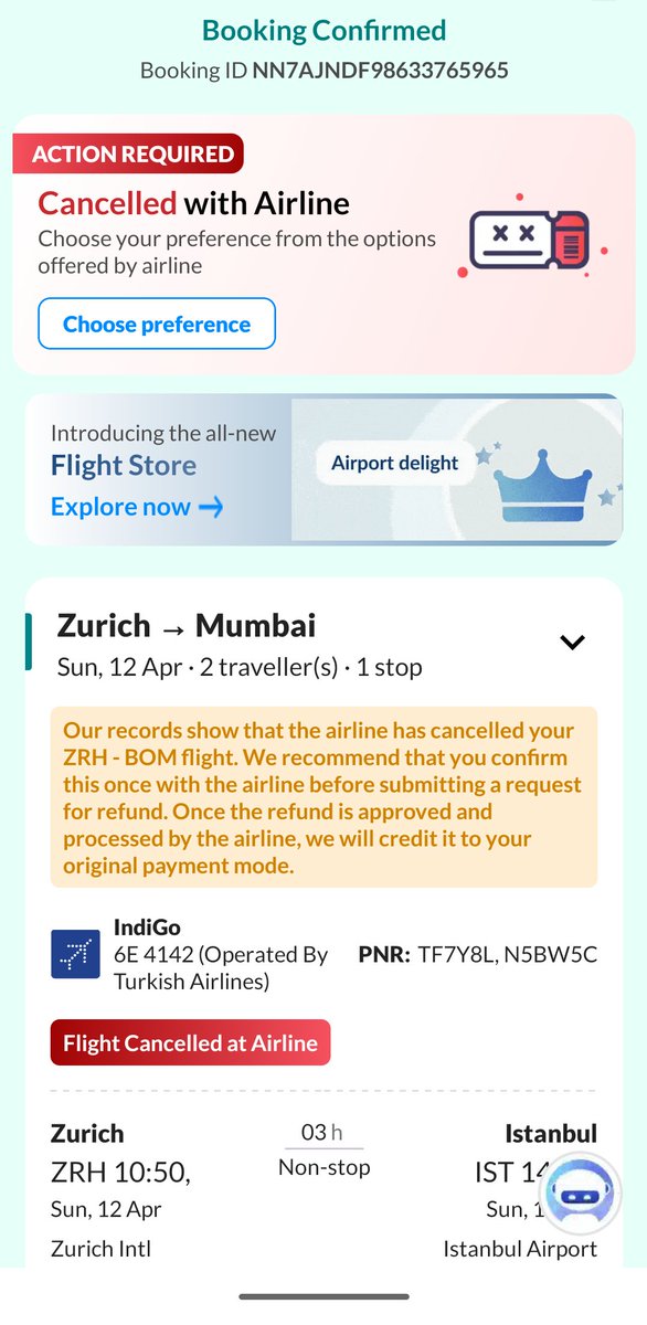 seedha_hai's tweet photo. @makemytripcare @makemytrip I request for assistance on a flight booking on your app from Zurich to Mumbai for 12th April 2026. The flight shows as cancelled by Airlines on MMT, but when I request for refund, it asks for communication from airlines, which we didn't receive. https://t.co/CbrPcObeyG