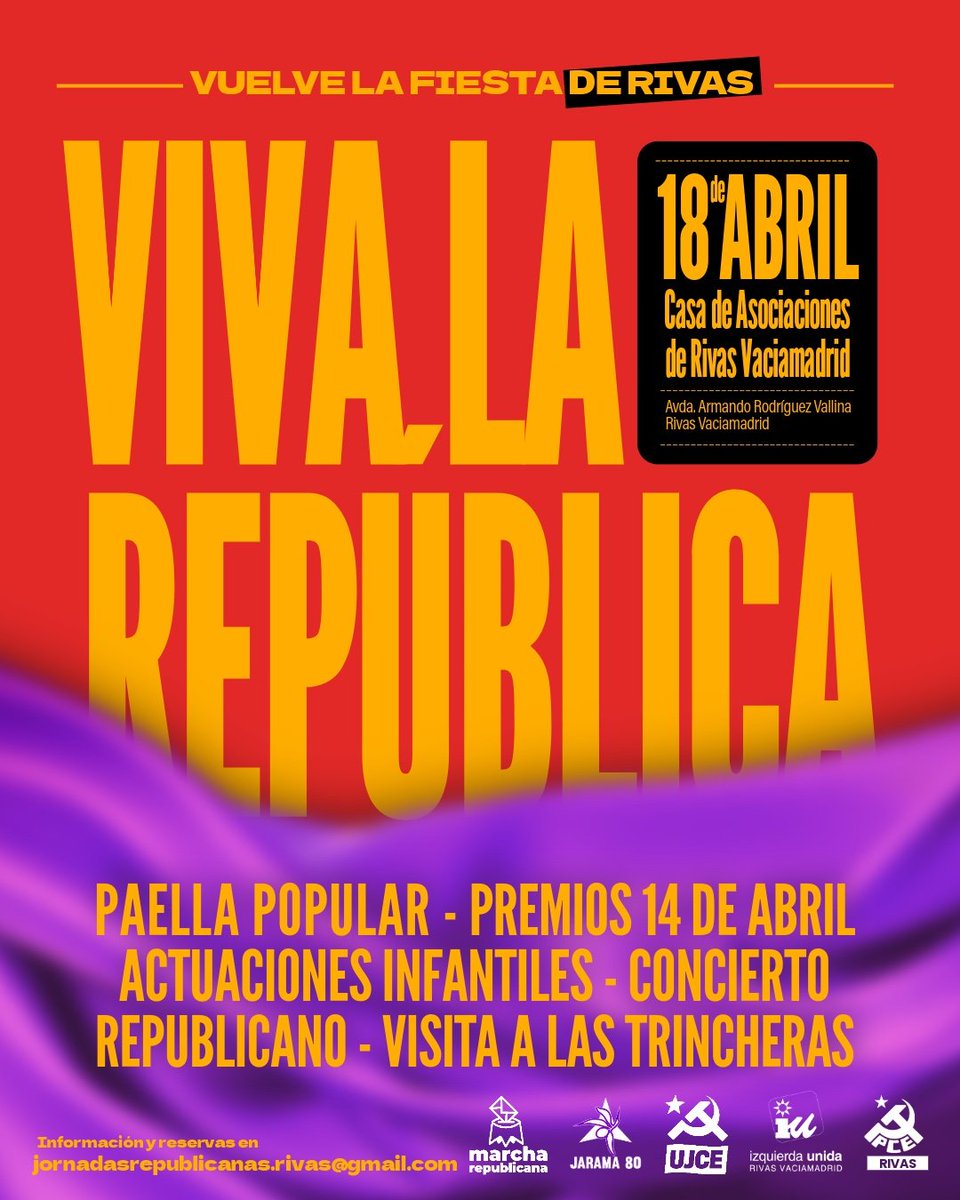PCERivas's tweet photo. 🔥 ¡Vuelven las Jornadas Republicanas de Rivas! 🔥
📅 18 de abril
📍 Casa de Asociaciones
🥘 Paella + bebida por 8€ (opción vegana)
📩 Reserva: jornadasrepublicanas.rivas@gmail.com
🎉 Actividades + 🎶 conciertos: https://t.co/nOYt3g2Wny
