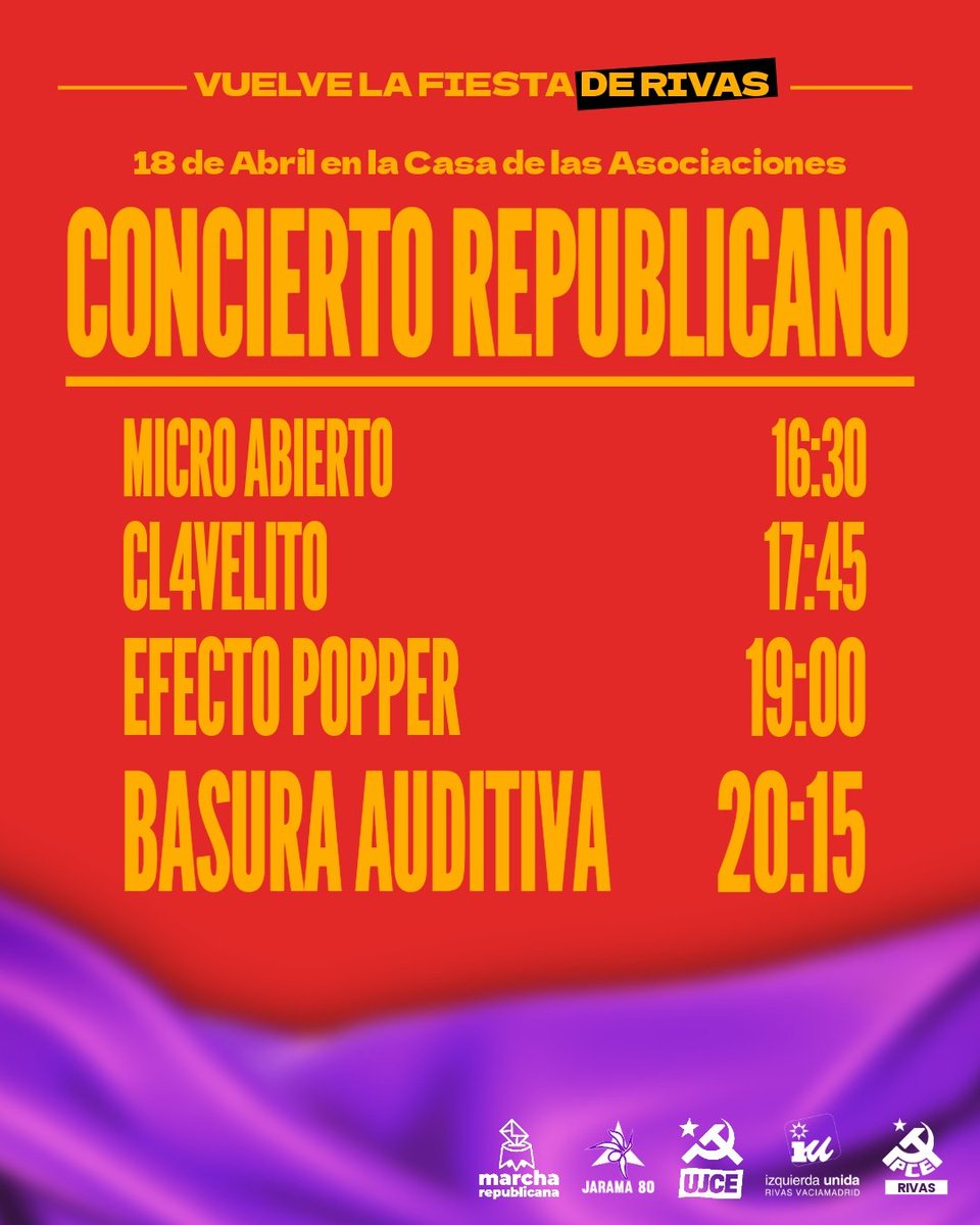 PCERivas's tweet photo. 🔥 ¡Vuelven las Jornadas Republicanas de Rivas! 🔥
📅 18 de abril
📍 Casa de Asociaciones
🥘 Paella + bebida por 8€ (opción vegana)
📩 Reserva: jornadasrepublicanas.rivas@gmail.com
🎉 Actividades + 🎶 conciertos: https://t.co/nOYt3g2Wny