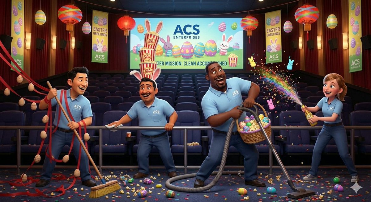 ACS_Enterprises's tweet photo. Happy Easter from the ACS Enterprises crew! 🐣✨

Our team is on a special mission today: clearing out the popcorn and hunting down every last Easter egg. We’re proud to keep your favorite cinemas pristine, one auditorium at a time! 🍿🧹

#Easter2026 #WeCareAboutYourCinemas #CinemaUnited