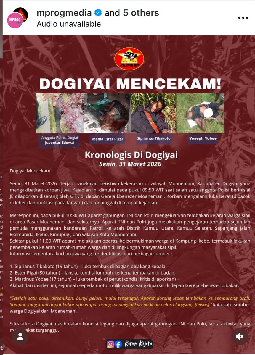 Dogiyai Berdarah!

Bayangin aparat gabungan TNI/Polri melakukan penembakan membabi buta terhadap sipil &amp; rumah warga di kampung-kampung

Itulah brutalitas aparat di Papua. Tiga warga Papua tewas dibunuh aparat

Kabar semacam ini selalu lepas dari perhatian publik &amp; media!