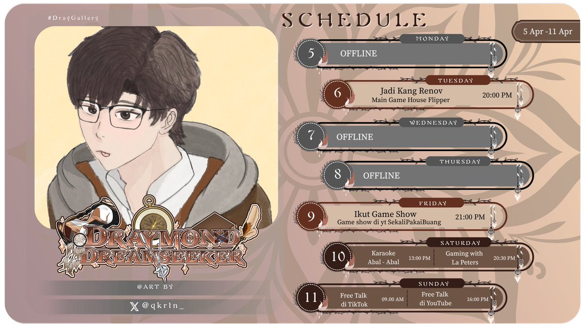 draydseeker's tweet photo. Aku coba bikin schedule....
Apakah akan menjadi skemjul wkwkwkwk

Art by @qkrtn_ 
schedule by @Maori_Sikai 

Hastag:
General: #draydseeker  
Live: #DrayOnAir 
Clip: #DrayClips 
FanArt: #DrayGallery 
Meme: #DrayMeme https://t.co/c9CBZtkaOL