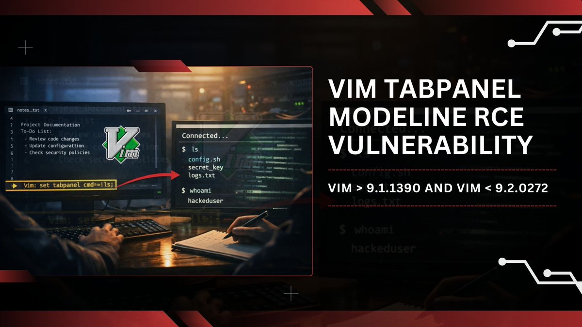 _havij's tweet photo. Vim Tabpanel Modeline RCE Vulnerability 
(Vim > 9.1.1390 and Vim < 9.2.0272)

Link: https://t.co/phxw3pY8OA

#vimrce #vimvulnerability #vimexploit #vimeditor https://t.co/QMinmdus4Y