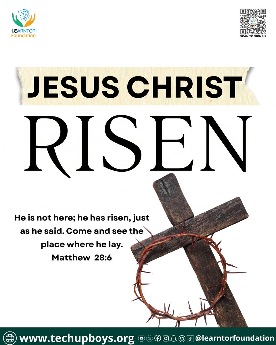 LearntorFdn's tweet photo. Heavenly Father, thank You for the Resurrection power of JESUS CHRIST. Heal homes, restore hope, and guide our young people. In Jesus’ name, Amen.

JESUS CHRIST IS RISEN (Matt. 28:6)! ✝️🙌
Yes to Tech, No to Crime. Follow @learntorfdn 

#HeIsRisen #TechUpBoys #LearntorFoundation https://t.co/NihvnpPR74