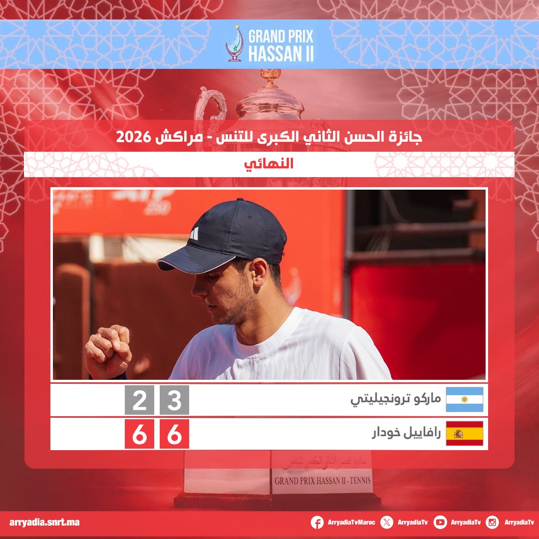 arryadiatv's tweet photo. الإسباني رافاييل خودار يفوز بجائزة الحسن الثاني الكبرى للتنس - مراكش 2026.
#جائزة_الحسن_الثاني_الكبرى #التنس
#FRMT #GrandprixhassanII #atptennis #tennis #atptour
@frmtennis @GPhassan2 https://t.co/GgR2Lc6ZVL