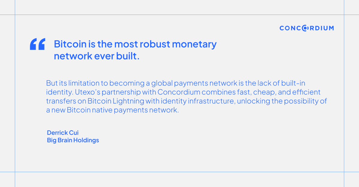 🔐 Fast, cheap, efficient transfers on Bitcoin Lightning.

Now with identity infrastructure built in.

<a href="/utexocom/">Utexo</a> and Concordium are unlocking the next era of compliant-ready global payments.
