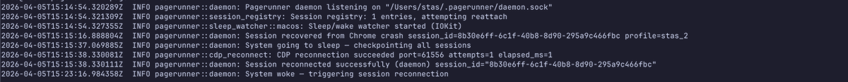 st5s's tweet photo. Doing a bigger pass on making Pagerunner working gracefully with profile locks, crashes, and even sleep.

There is a fairly smart system which checkpoints sessions, detects failure modes and restore when everything goes wrong. It is quite handy.

Daemon + browser sessions are really good now together with Mac OS Bar as well.