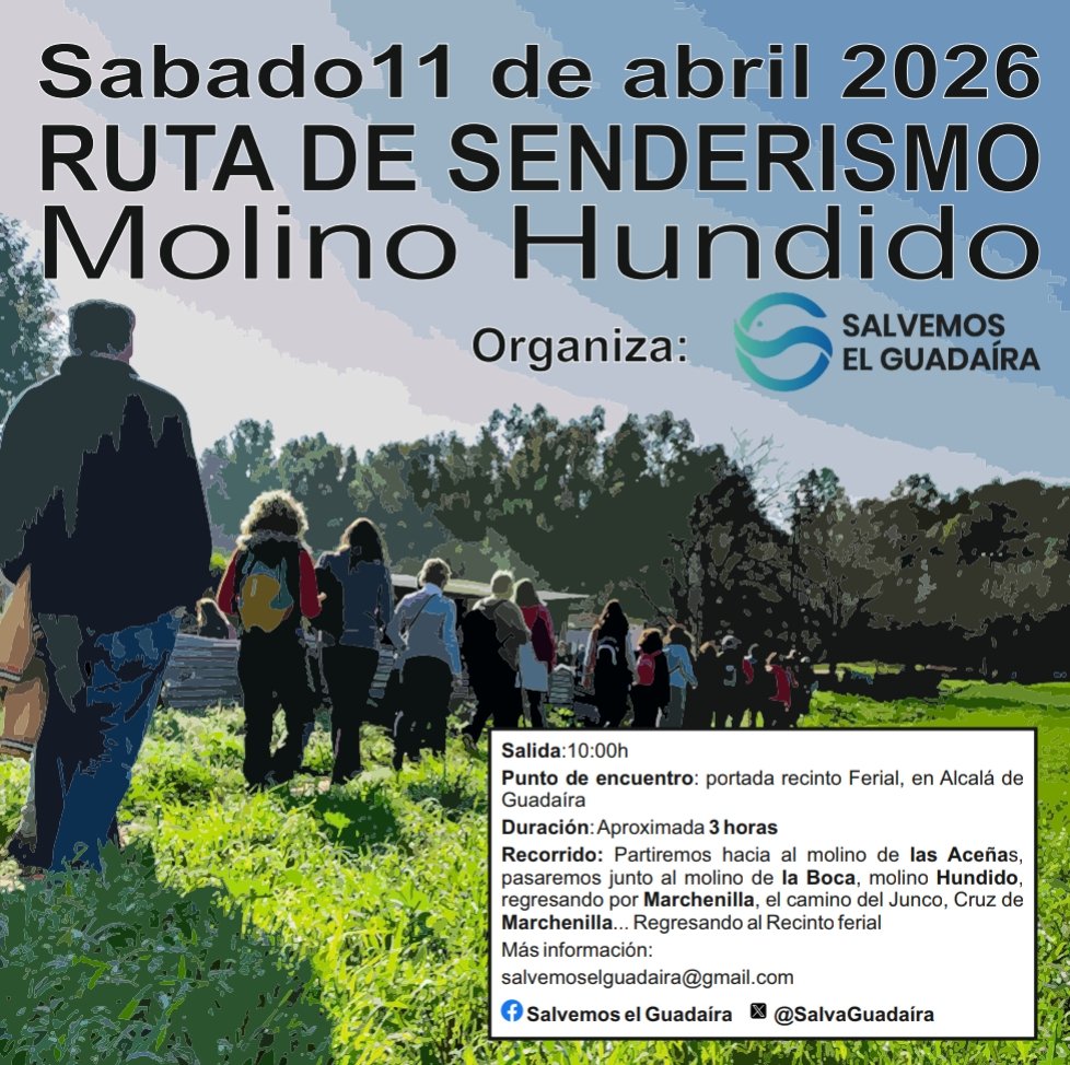 SalvaGuadaira's tweet photo. El sábado 11 de abril nos vamos de #ruta
Saldremos a las 10:00h desde la portada del recinto ferial de #AlcaládeGuadaíra
Desde allí marcharemos en dirección al molino Hundido, pasando por los molinos de las Aceñas, de pared Alta, de la Boca... https://t.co/rdnBmLNCNv