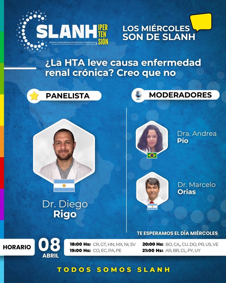 SLANH_'s tweet image. 🎓 PROGRAMA EDUCATIVO ANUAL SLANH
Los Miércoles son de SLANH

🚀 Tema:
¿La HTA leve causa enfermedad renal crónica? Creo que no

🗓 Miércoles 08 de abril de 2026
🕖 19:00 h → 🇵🇦 

🔗 Regístrate en: bit.ly/slanh08abril

🌐 slanh.net

#SLANH #Hipertensión