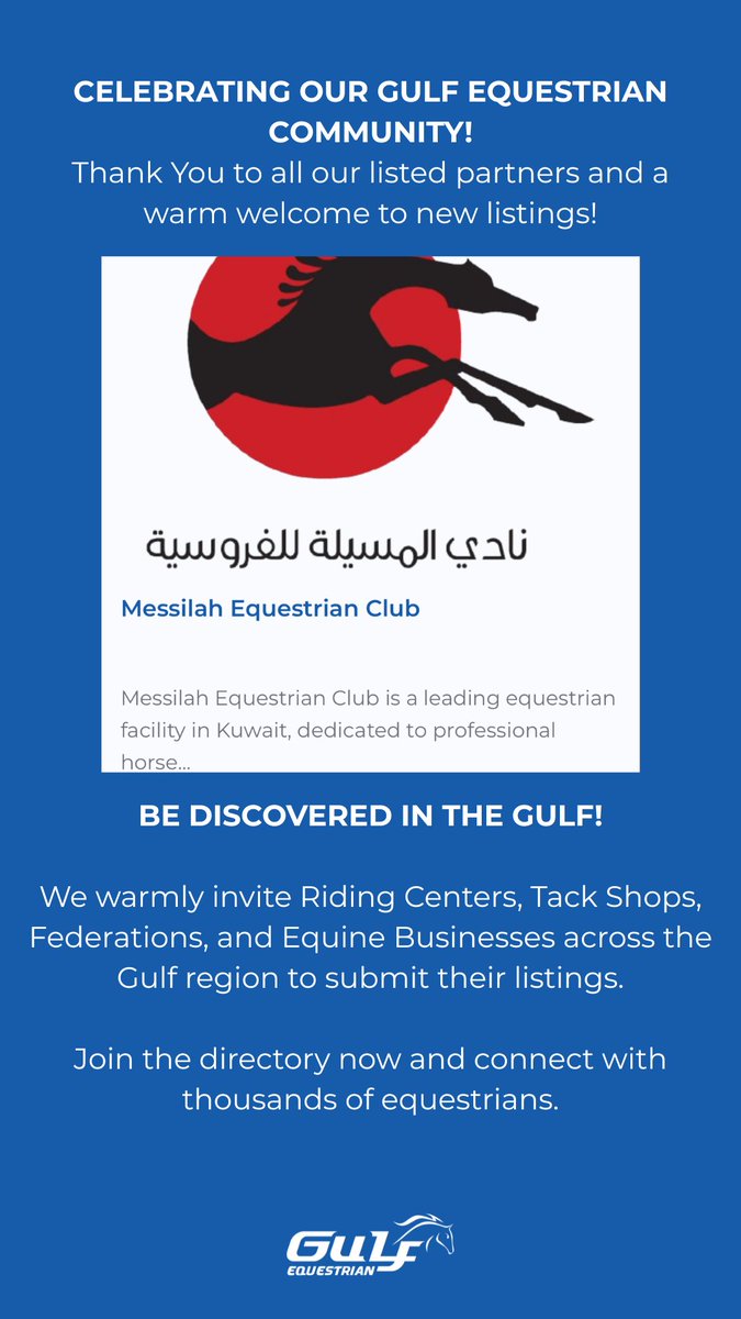 GulfEquestrian's tweet photo. Welcome to the GulfEquestrian’s Equine Directory!

We’re proud to showcase the best riding centers and equine services across the Gulf. Thank you to our partners for your support!

Are you listed yet?

Submit your details here: https://t.co/pnnnWb6Cy2 🏇✨ https://t.co/R1htrpqo2w