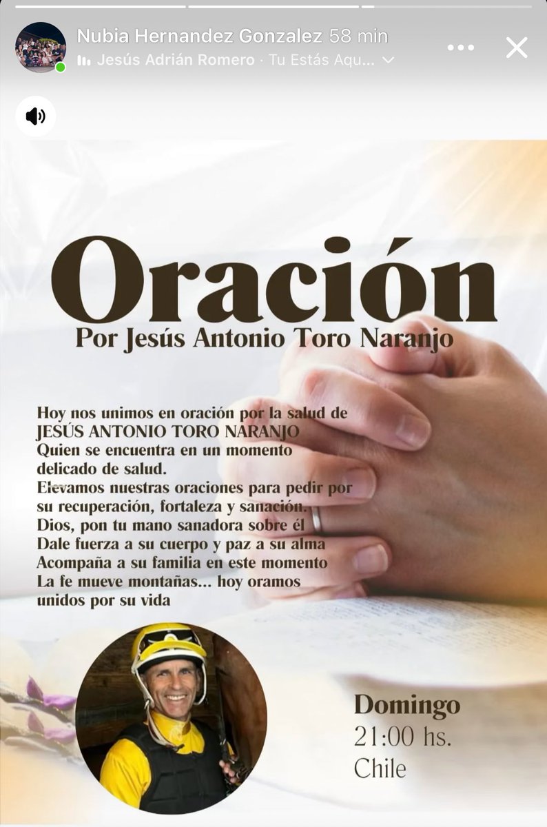 HipicoColombia's tweet photo. A los amigos hípicos les pedimos que se unan a esta cadena de oración que se realizará hoy, invocando por la salud y la vida del jinete JESÚS “CHUCHO” TORO, quien sufrió una caída en el Hipódromo de Chile. Su familia los invita a prender e intencionar una 🕯️🙏 https://t.co/FYxpzor7Vb