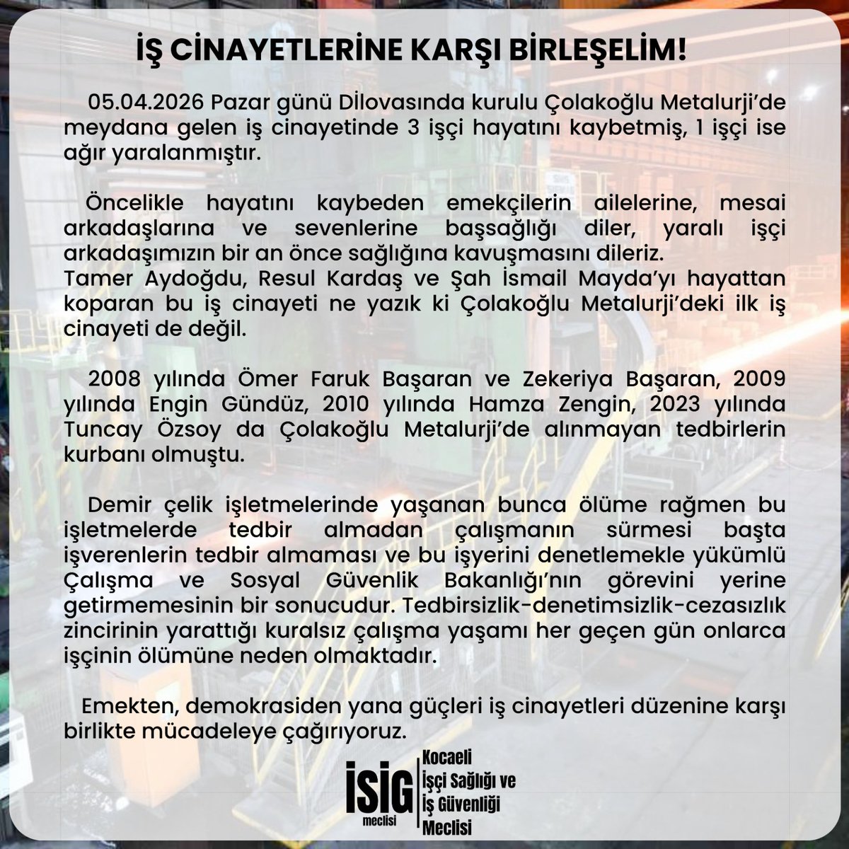 Kocaeli İşçi Sağlığı ve İş Güvenliği Meclisi tweet media