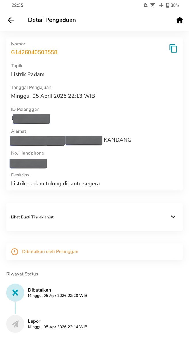 GPaskal's tweet photo. @pln_123 Listrik padam tolong dibantu. 

No :  G1426040503558

Lokasi : Kel. Kandang Kec. Kampung Melayu Kota Bengkulu

Laporan terlanjur saya batalkan padam pertama kali karena listrik sudah menyala, namun sesaat kemudian listrik padam lagi dan saya gak bisa lapor di aplikasi. https://t.co/F2XB5l9y1d