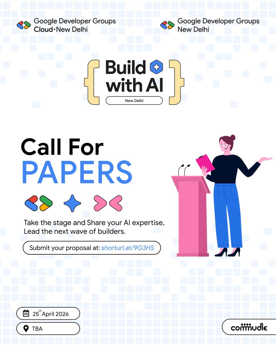 gdgcloudnd's tweet image. Calling all AI experts 🤖
Got something exciting to build or share? Submit your talk for Build with AI New Delhi and showcase your ideas!
🗓️ April 25, 2026
🔗 CFP: shorturl.at/9G3HS
🎟️ Register: shorturl.at/wMlby
#BuildWithAI #GoogleAI #GDG #TechTalks #TechEvents