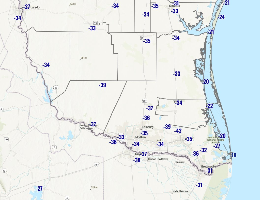 RodneyChaiWX's tweet photo. [Apr 5] Besides the rain, the cold air advection is truly impressive for Deep South Texas standards in April. Check out the 24 hour temperature change from yesterday afternoon! McAllen, TX went from 91 to 57°F with a chilly 25 mph wind and one of the coldest spots in Texas! #txwx https://t.co/f6O9Wklmzr