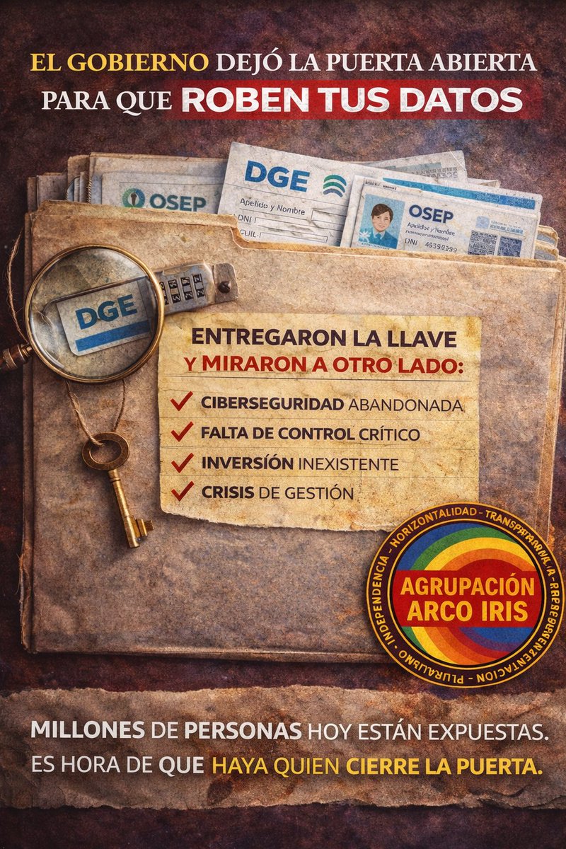 🚨 NO ALCANZA CON UN COMUNICADO: EXIGIMOS EXPLICACIONES REALES 🚨

Frente a un hecho de extrema gravedad como el ciberataque que afectó a la DGE y OSEP, resulta inadmisible que la respuesta oficial se limite a un simple comunicado, GOBIERNO DE INÚTILES <a href="/alfredocornejo/">Alfredo Cornejo</a>
<a href="/MzaDGE/">DGE Mendoza</a>
