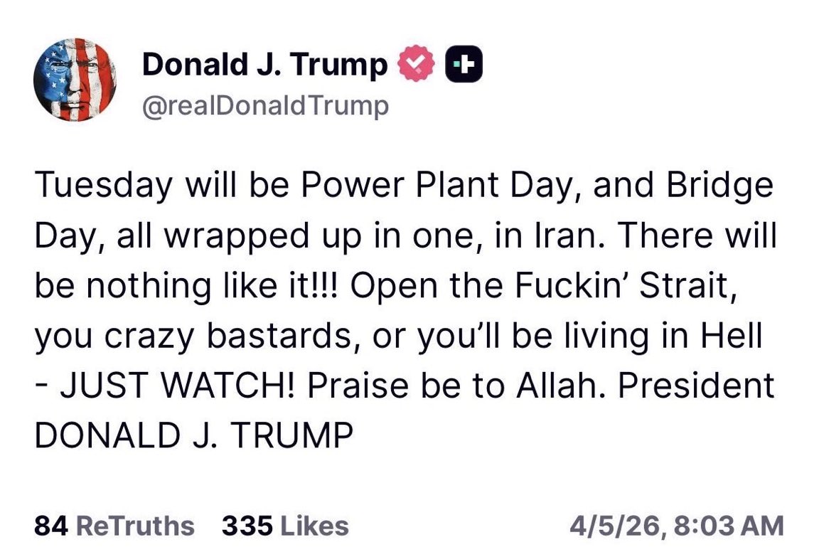 Thomas24601's tweet photo. On Easter Sunday, the holiest day in Christianity, the President of the United States posted an expletive-laced war threat and signed it “Praise be to Allah.”

Easter is about resurrection, hope &amp; grace , not #warcrimes. https://t.co/AwcB0A84eA