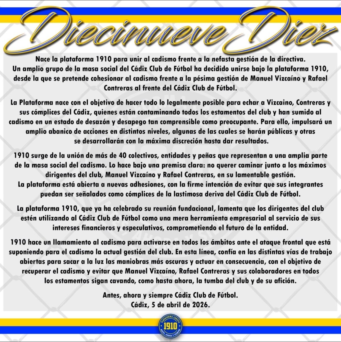 ultras_antifaa's tweet image. #Spain - Cádiz CF supporter groups have formed a joint platform called “1910 Platform” to remove the club’s leadership due to poor management.