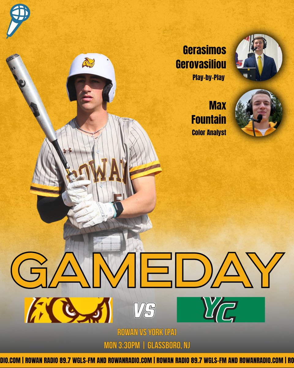 WGLSSports's tweet photo. GAMEDAY!
@RowanBaseball_ takes on York in a non-conference showdown today at 3:30pm!
PBP: @Gerasimos76
Color: @max_rfountain
Producing: @BigN426 and Satiago Zuluaga
Live on Rowan Radio 89.7 WGLS-FM and https://t.co/DaHAVxDLHc Channel 1! #ProfNation https://t.co/fE5ttnO90n