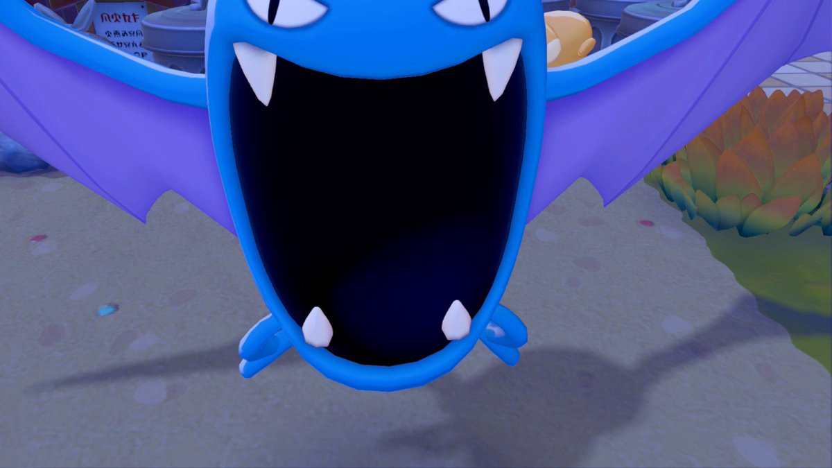 pumpkindva's tweet photo. Checking my camera on Pokopia to see if a new Pokemon has arrived and all I can see is this Golbat with his big ass mouth taking up the whole screen 😭 https://t.co/L8gdSgQ8JQ