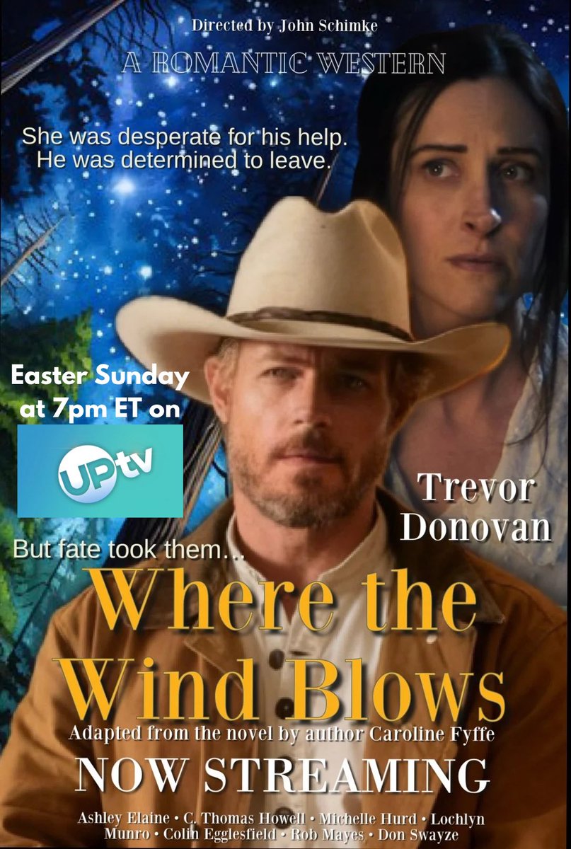 MistiB320592's tweet image. 🚨‼️🎥🍿🔔 TODAY 4/5 at 7pm ET EASTER SUNDAY tune in 📺 to @UPtv to see #TrevorDonovan as drifter cowboy Chase Logan in the NETWORK premier of HIS MUST SEE romantic #western, #WheretheWindBlows 🤠adapted from the novel 📚 of same name by author @CarolineFyffe! #DonoFANS