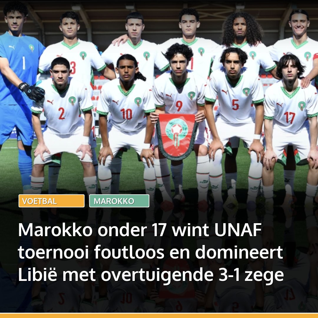 marokko's tweet image. Marokko onder 17 heeft het UNAF toernooi in Libië foutloos afgesloten. De ploeg versloeg gastland Libië met 3-1 en won al zijn wedstrijden, goed voor de titel en plaatsing voor de eindronde van de Afrika Cup.
👉🏽 Lees: l.marokko.nl/eqATmYjx 👈🏽

#marokko #benghazi #libie