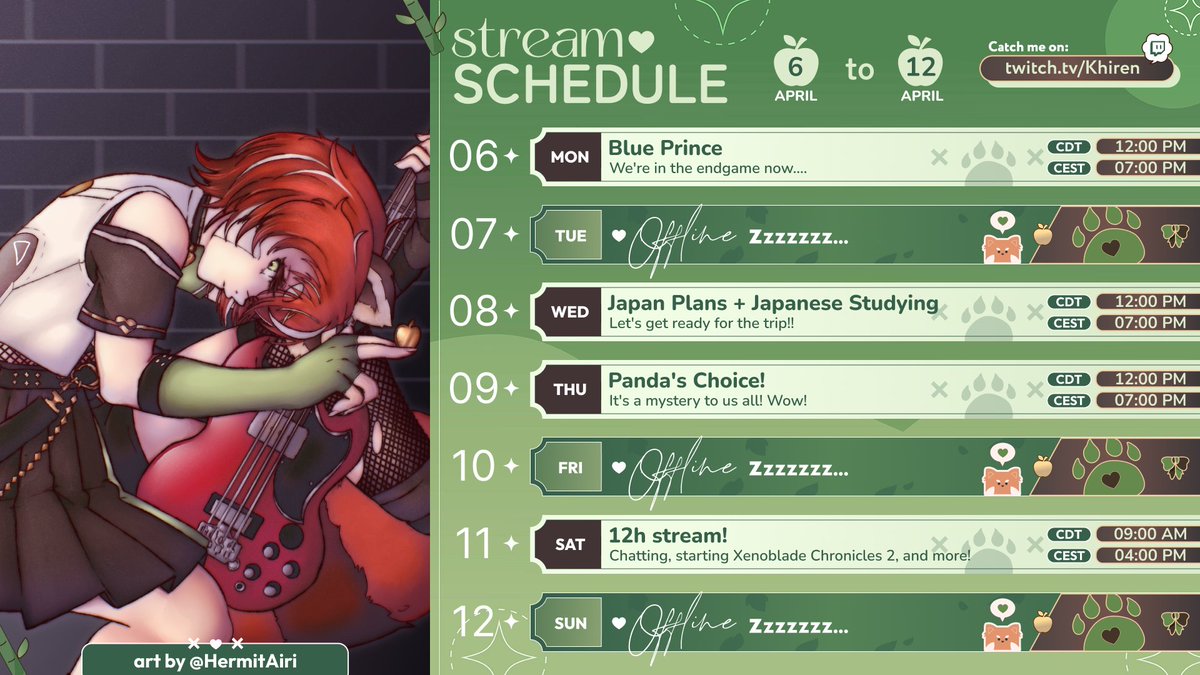 ✨🍎Weekly Schedule🍎✨

MON: Blue Prince
WED: Japan plans and Japanese study session
THU: Panda's choice - it's a surprise to everyone (including myself)!
SAT: BIG 12H STREAM AND STARTING XENOBLADE 2 🎉🎉

See you all there! 🍎✨