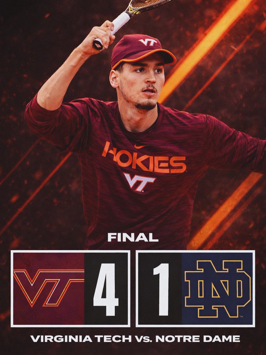 CTennisNation's tweet photo. VIRGINIA TECH STUNS NO. 17 NOTRE DAME ON EASTER SUNDAY 😱 

The Hokies take down the Irish 4-1 in Blacksburg, pulling off a massive upset on Easter Sunday. https://t.co/cmVYsW2p8e