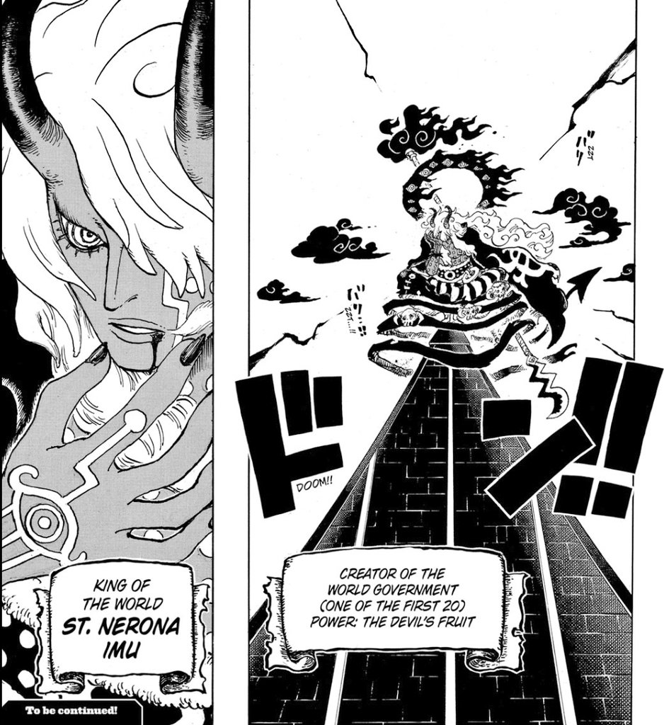 Viz translations went with "Power: The Devil's fruit" for Nerona Imu's introduction.

Giving off more than just "Power: Devil Fruits"

Great introduction to the THE world leader. Definitely feels more Devil/Evil inspired rather than Lunarian imo. Lets see what Oda has cooking up