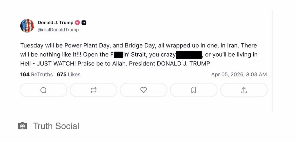 autopocalypse's tweet photo. @realDonaldTrump is disgusting
“Tuesday will be Power Plant Day, and Bridge Day, all wrapped up in one, in Iran. There will be nothing like it!!! Open the Fuckin’ Strait, you crazy bastards, or you’ll be living in Hell - JUST WATCH!. Praise be to Allah. President … TRUMP” @GOP https://t.co/zVpp8rCp0Z