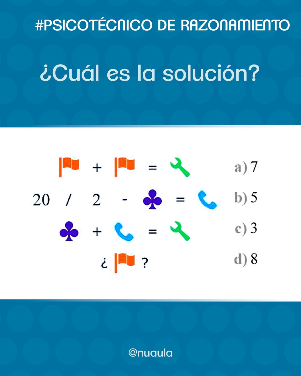nuaula_'s tweet photo. Resuelve el siguiente #Psicotécnico de Razonamiento.

🤔 ¿Cuál es la solución? ¿Conoces el método para resolverlo paso a paso?

👉 ¡Rápido! Ponte a prueba... y luego comprueba si has acertado.

#psicotecnico #psicotécnicos #psicotecnicos #nuaula #oposiciones #oposición #oposicion #opositar #formación #formacion