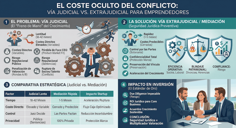Crowdemprende's tweet photo. Verdad incómoda: Ganar un juicio tras 3 años es, financieramente, una derrota. En el ecosistema startup, la justicia lenta es un "burn rate" que te saca del mercado. La mediación (1-5 meses) es la única vía para proteger tu valoración y tu equity. El tiempo es oro. 🧵👇 https://t.co/yocWA8Hi0u