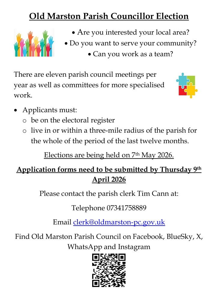 oldmarstonpc's tweet photo. There will be an election for Old Marston Parish Council on 7th May. There are twelve seats up for election. Would you be interested in becoming a parish councillor? To be able to stand you only need to either live in Old Marston or within 3 miles of the parish boundary. https://t.co/gnhWhC7iIT