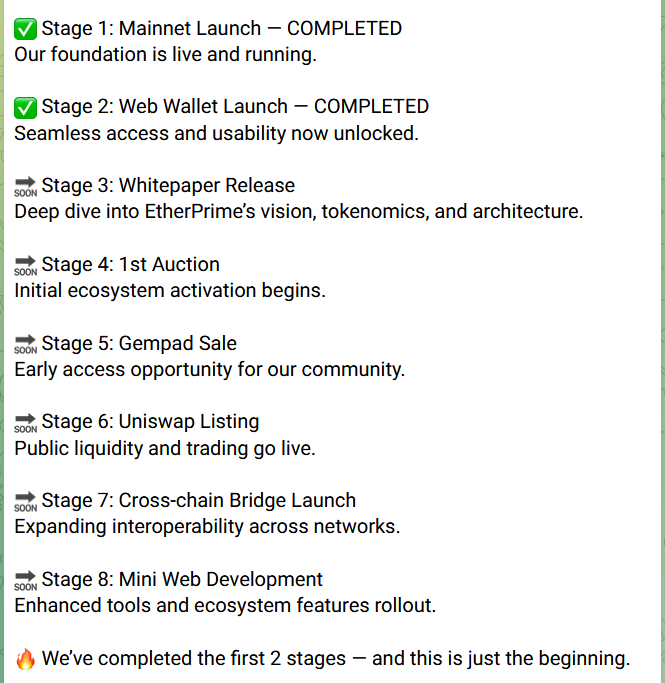 EtherPrime's tweet photo. 🚀 EtherPrime Roadmap Update

We’re building step by step — and we’re already making strong progress. https://t.co/7SjX3ljUT0